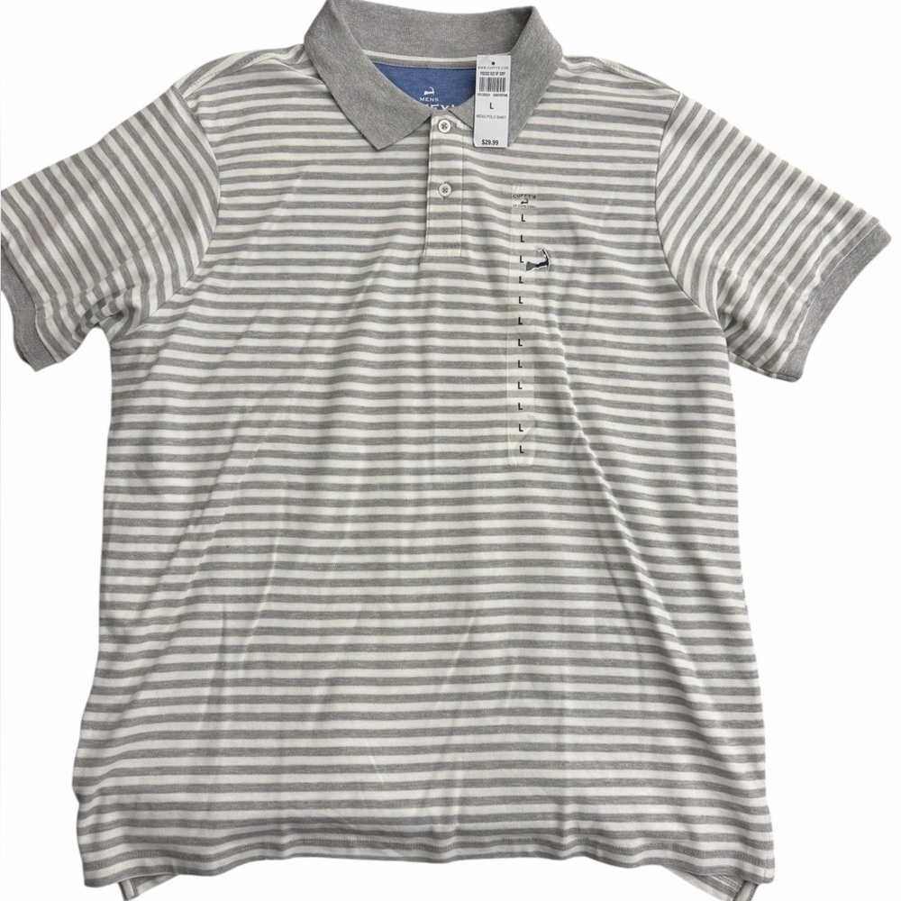 Cuffy’s Cape Cod Men’s Gray‎ Striped Polo Shirt Size Large NWT